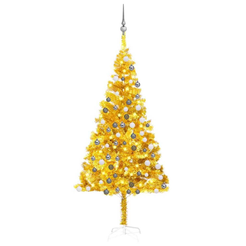 Umělý vánoční stromek s LED a sadou koulí zlatý 180 cm PET