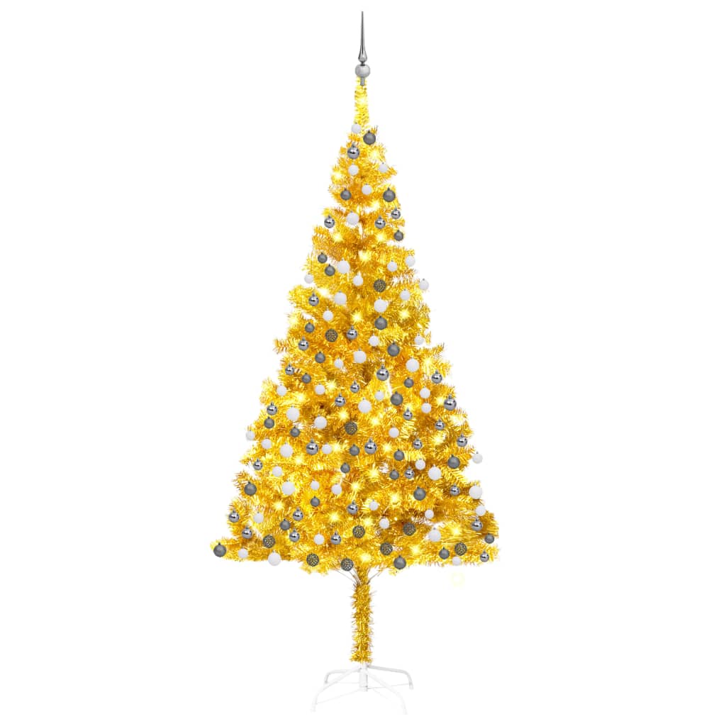 Umělý vánoční stromek s LED a sadou koulí zlatý 210 cm PET