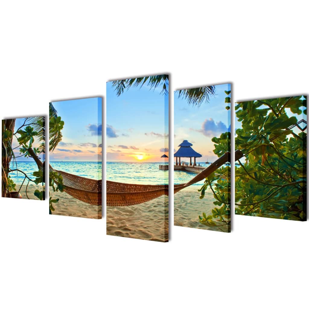Set tištěných obrazů na plátně pláž s houpací sítí 200 x 100 cm