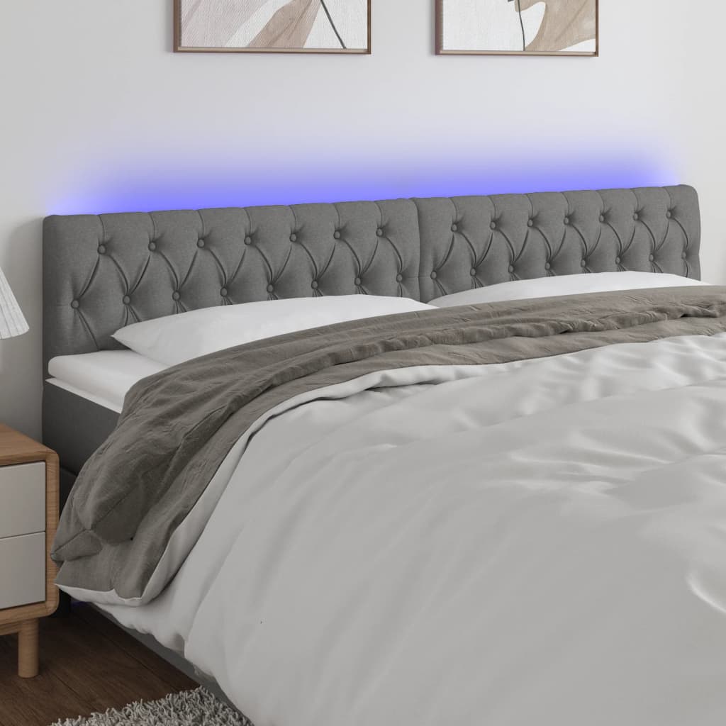 Čelo postele s LED tmavě šedé 200 x 7 x 78/88 cm textil