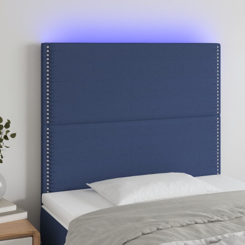 Čelo postele s LED modré 100x5x118/128 cm textil