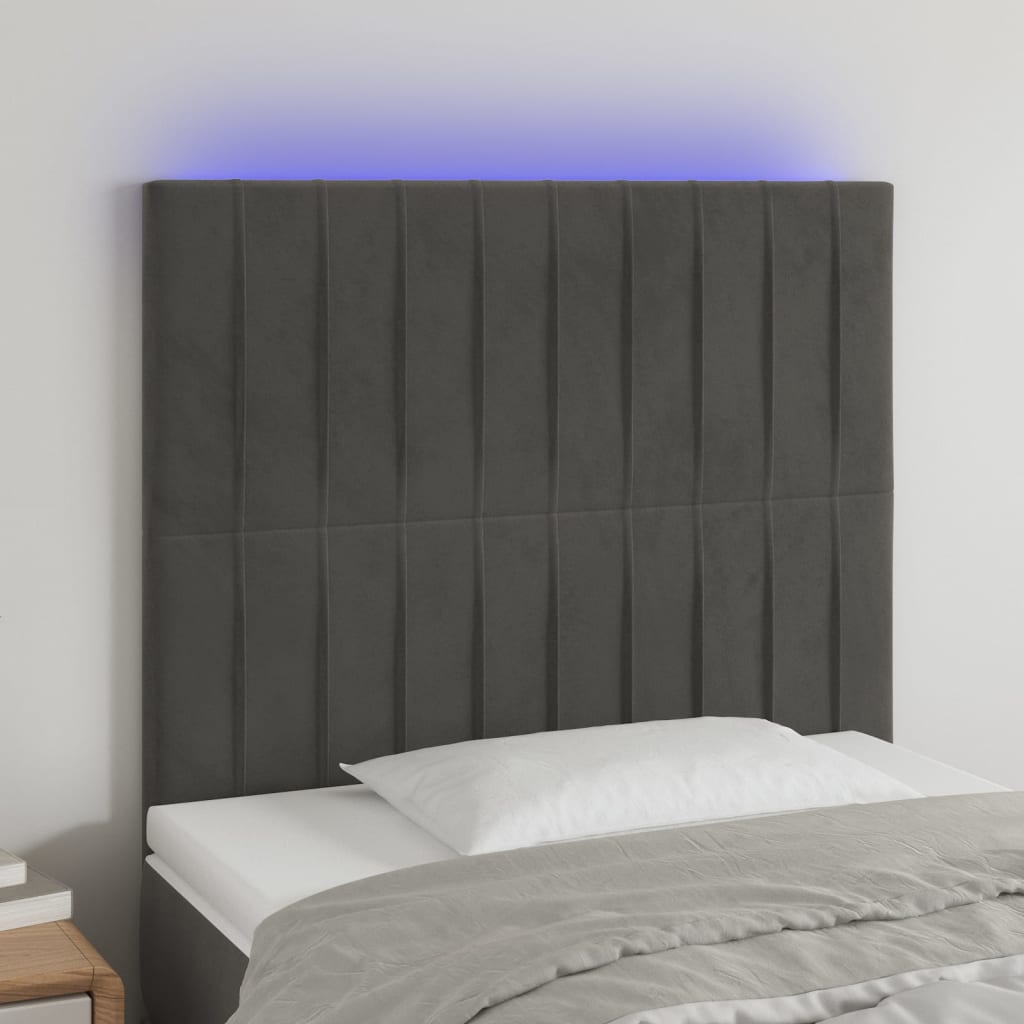 Čelo postele s LED tmavě šedé 100x5x118/128 cm samet