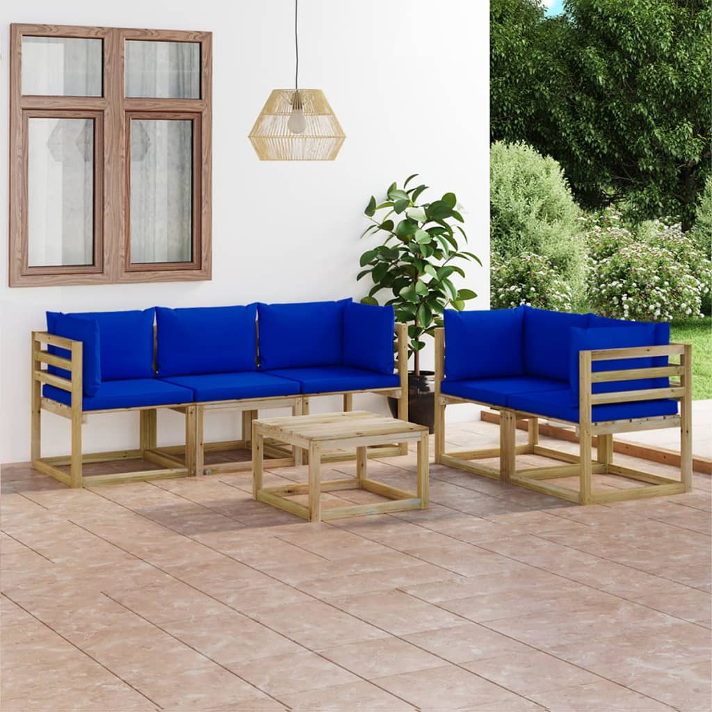 6dílná zahradní sedací souprava s modrými poduškami