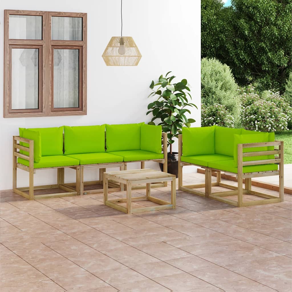 6dílná zahradní sedací souprava s jasně zelenými poduškami