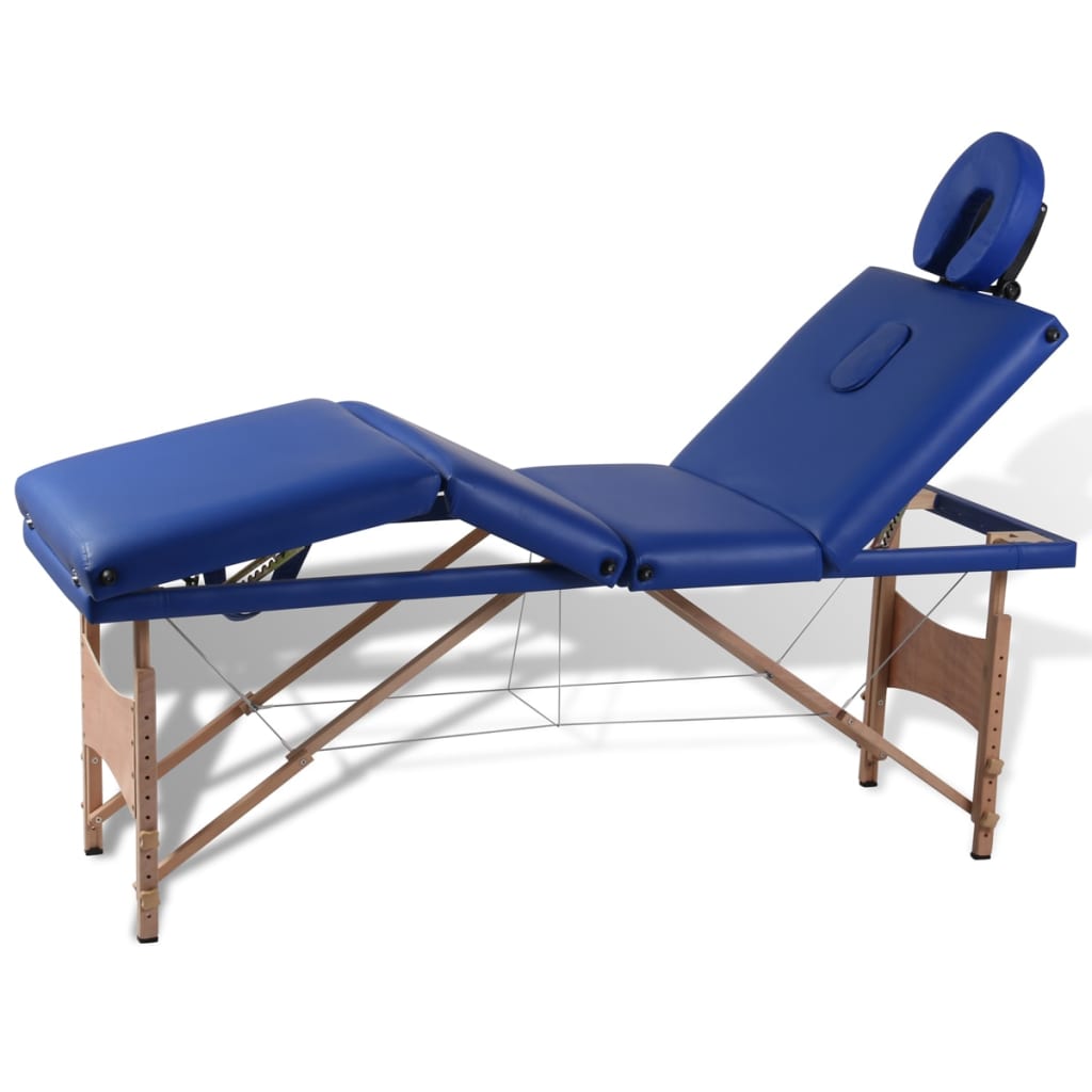 Modrý skládací masážní stůl se 4 zónami a dřevěným rámem