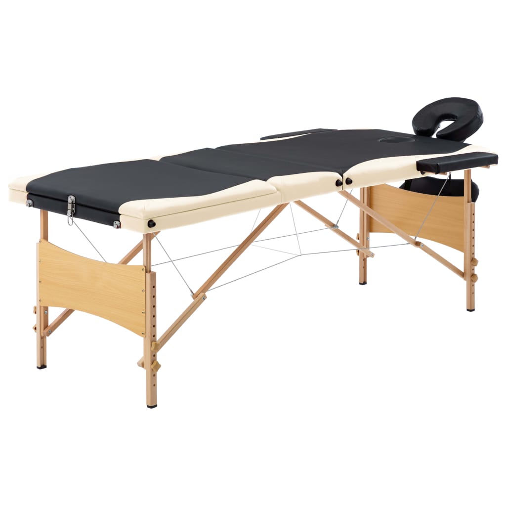 Skládací masážní stůl 3 zóny dřevěný černý a béžový