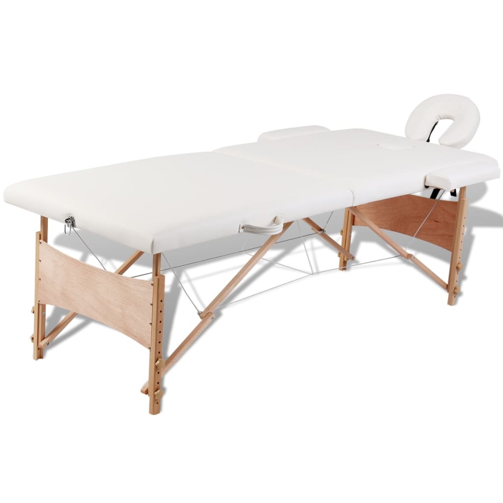 Krémově bílý skládací masážní stůl se 2 zónami a dřevěným rámem