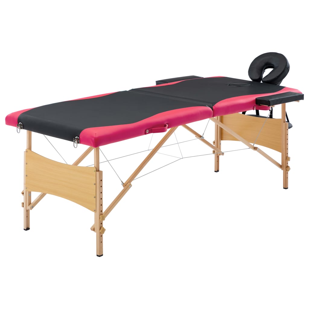 Skládací masážní stůl 2 zóny dřevěný černý a růžový