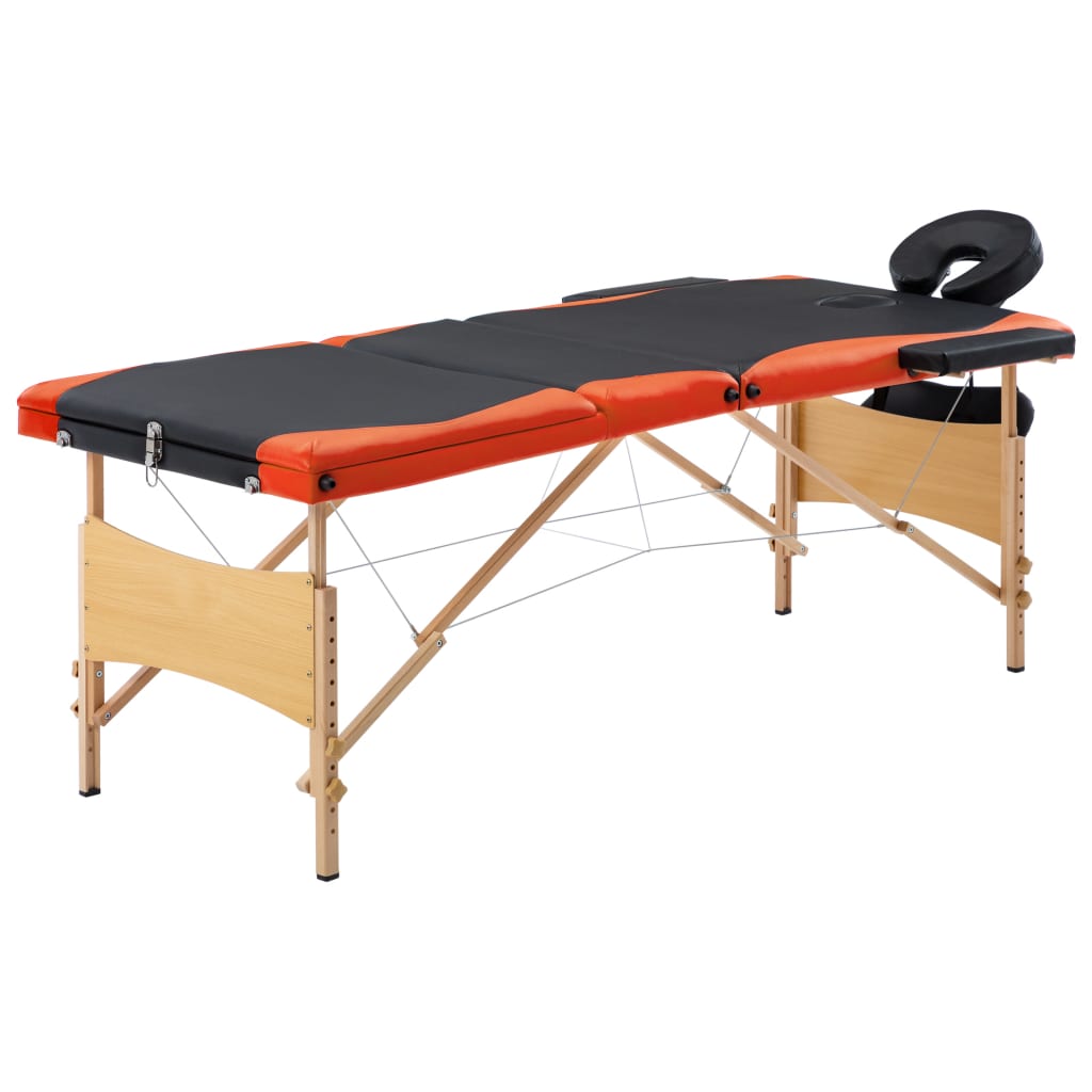 Skládací masážní stůl 3 zóny dřevěný černý a oranžový