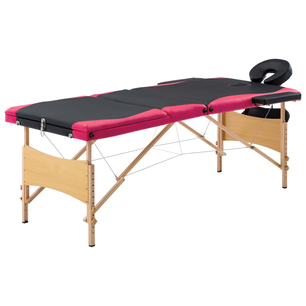 Skládací masážní stůl 3 zóny dřevěný černý a růžový