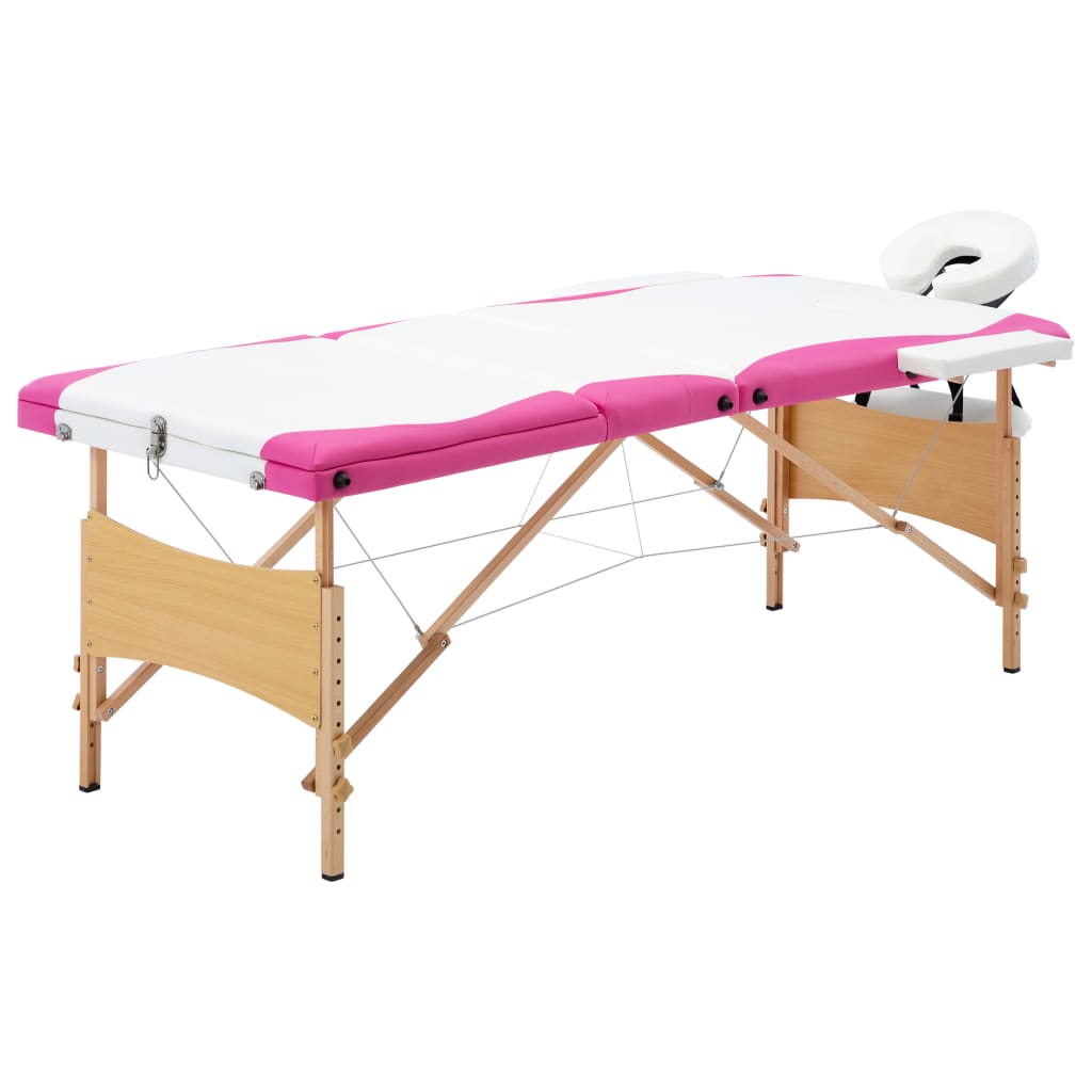 Skládací masážní stůl 3 zóny dřevěný bílý a růžový