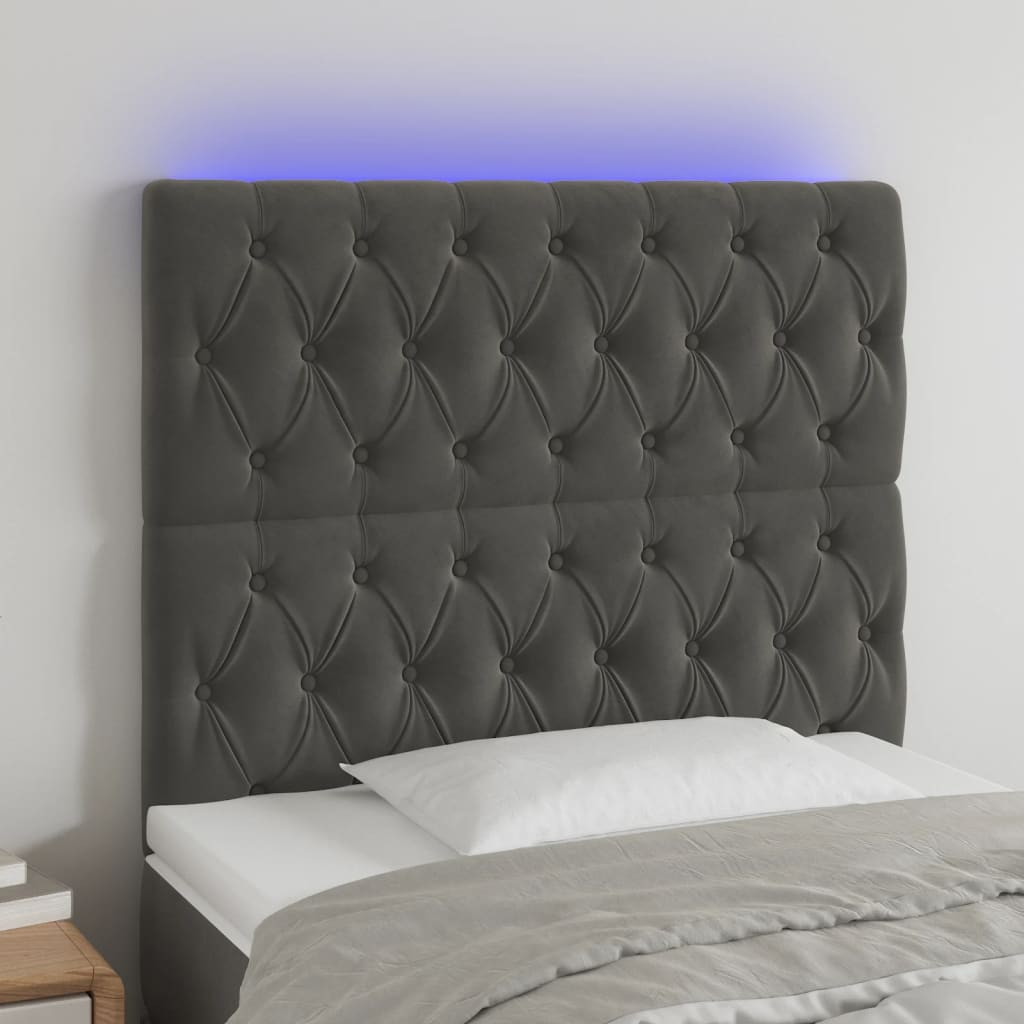 Čelo postele s LED tmavě šedé 100x7x118/128 cm samet