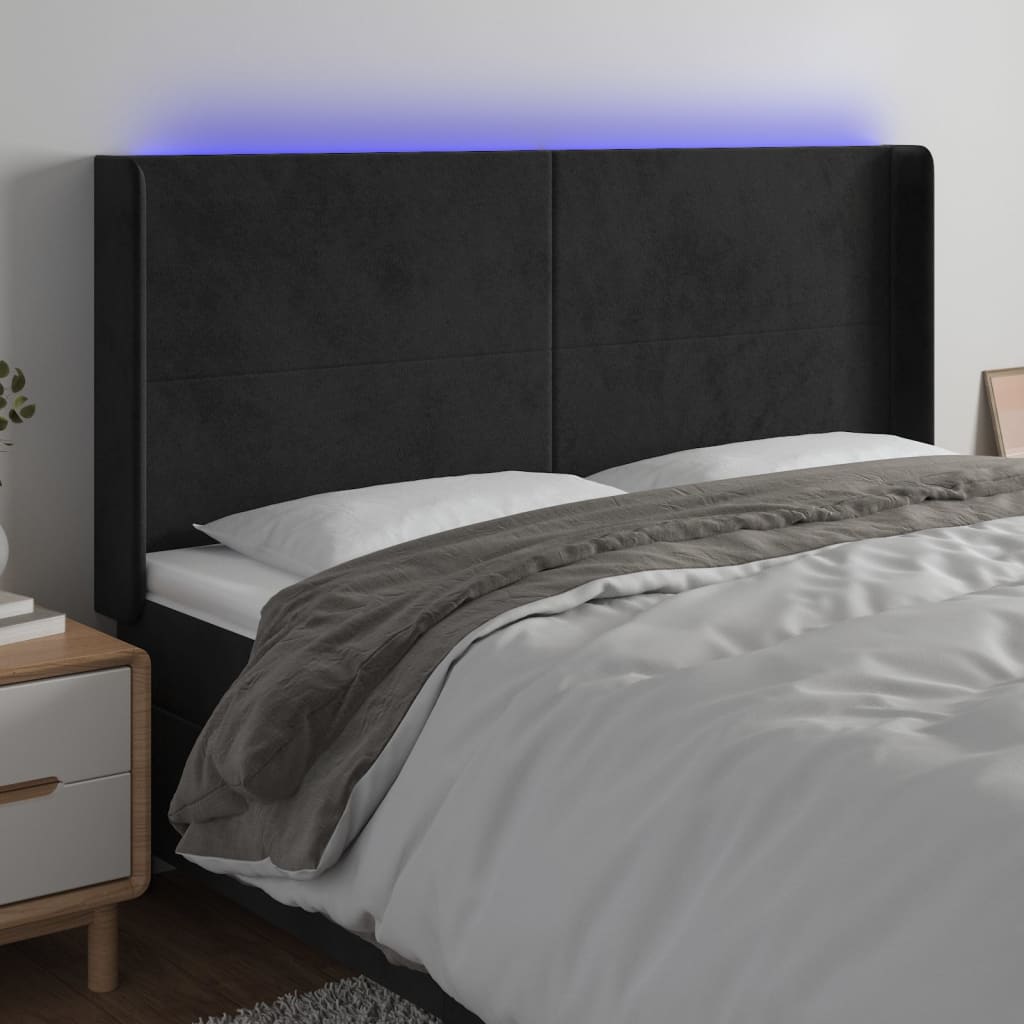 Čelo postele s LED černé 203 x 16 x 118/128 cm samet