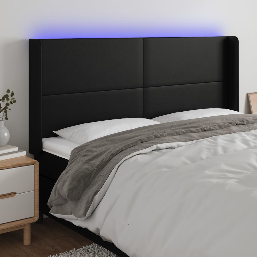 Čelo postele s LED černé 183 x 16 x 118/128 cm umělá kůže