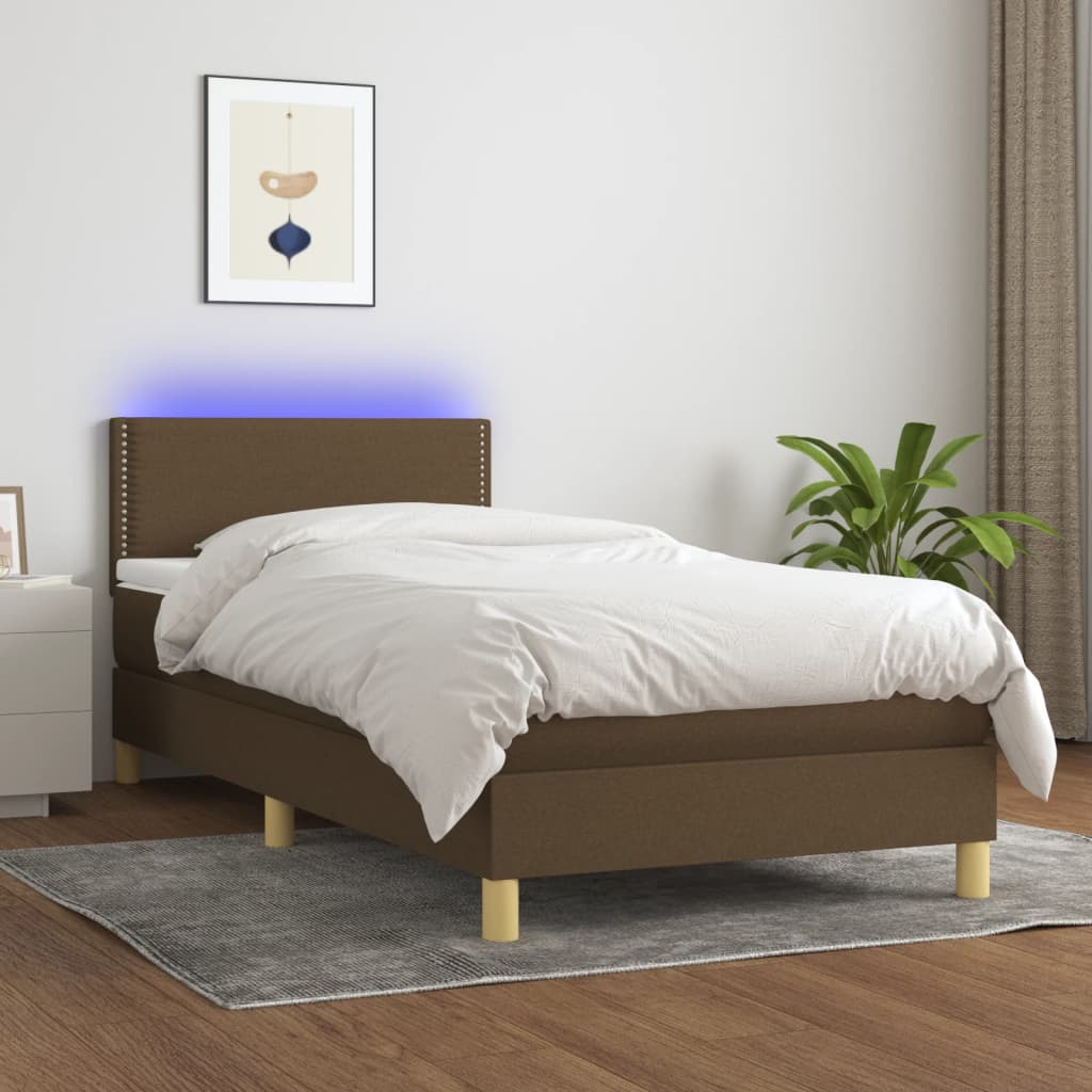 Box spring postel s matrací a LED tmavě hnědá 90x200 cm textil