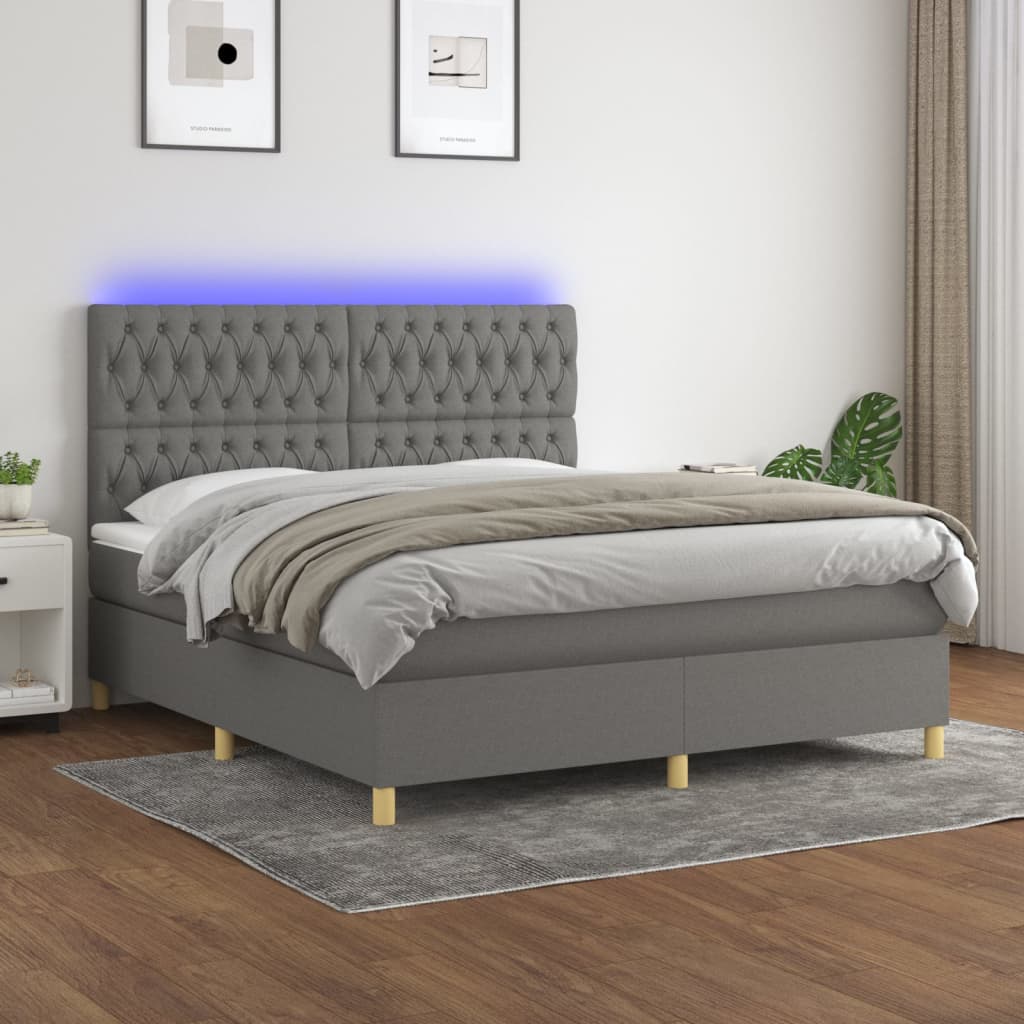 Box spring postel s matrací a LED tmavě šedá 160x200 cm textil