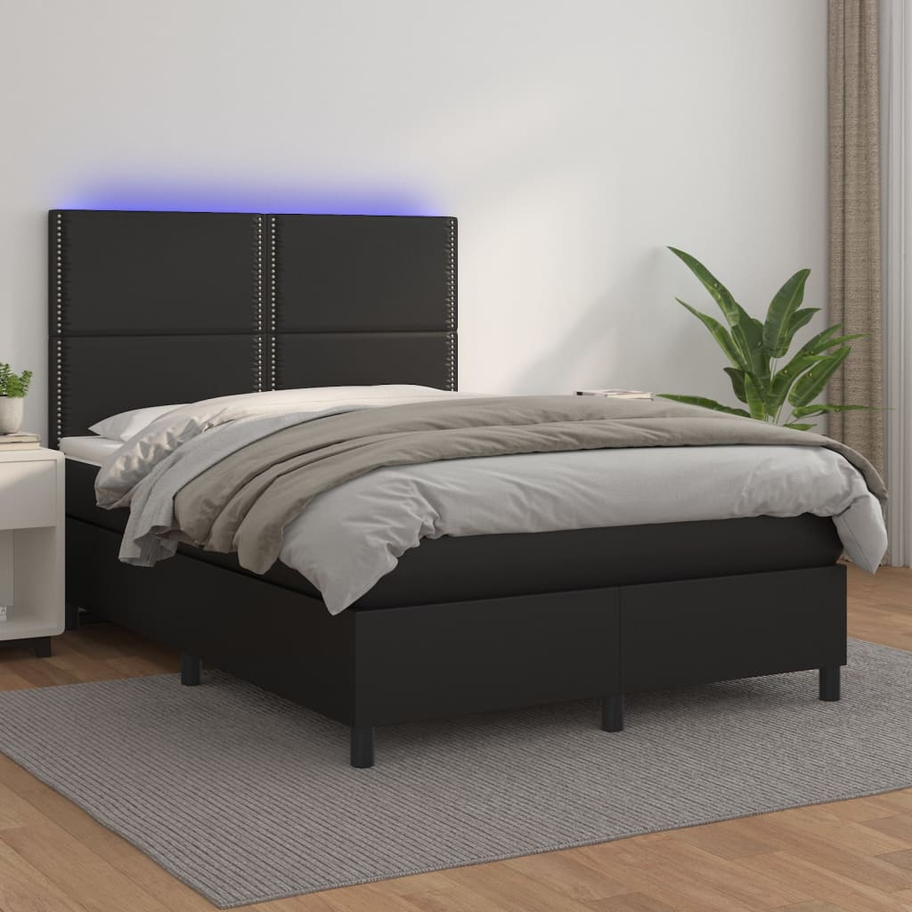 Box spring postel s matrací a LED černá 140x200 cm umělá kůže