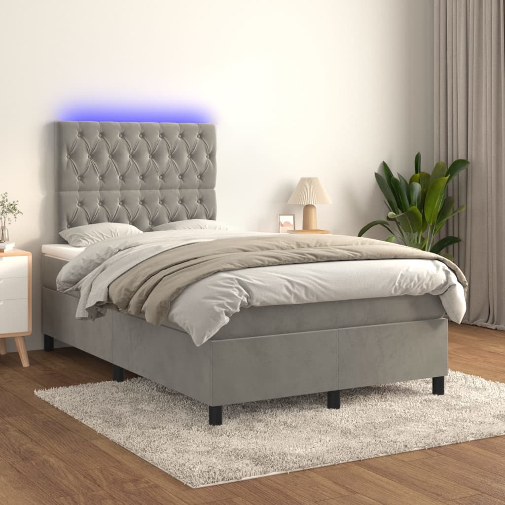 Box spring postel s matrací a LED světle šedá 120x200 cm samet