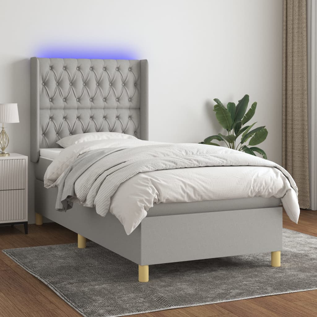 Box spring postel s matrací a LED světle šedá 90x190 cm textil