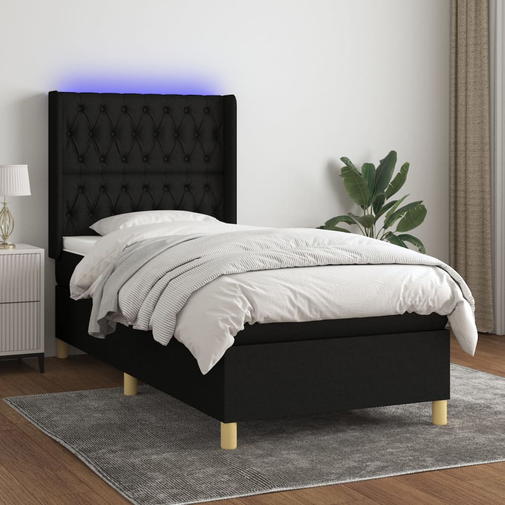 Box spring postel s matrací a LED černá 90x200 cm textil
