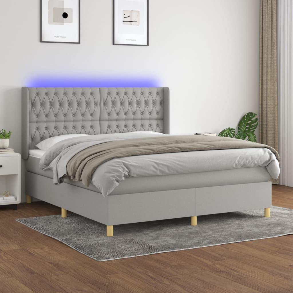Box spring postel s matrací a LED světle šedá 160x200 cm textil