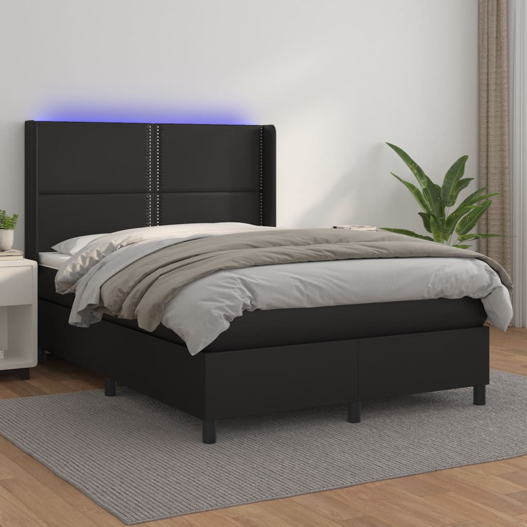 Box spring postel s matrací a LED černá 140x200 cm umělá kůže