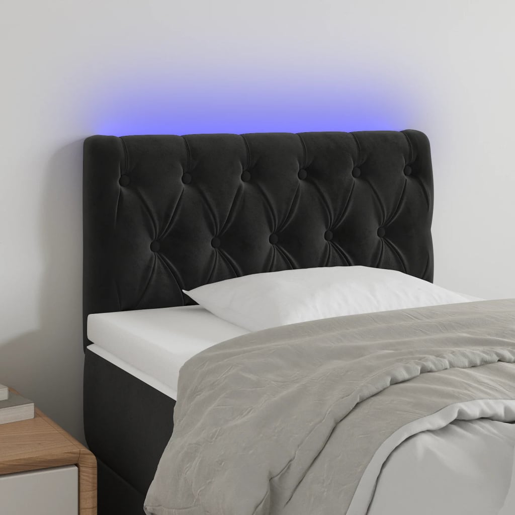 Čelo postele s LED černé 80 x 7 x 78/88 cm samet