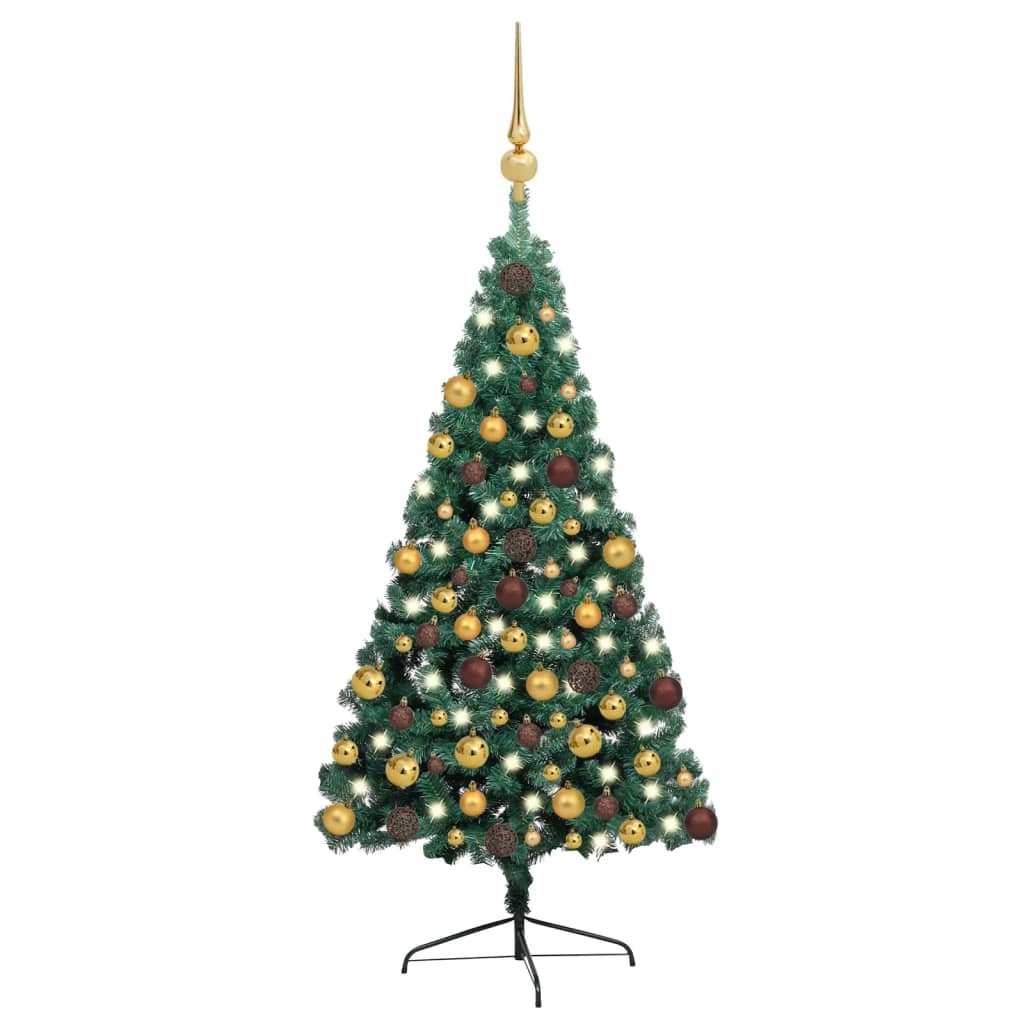 Umělý vánoční půl stromek s LED a sadou koulí zelený 180 cm