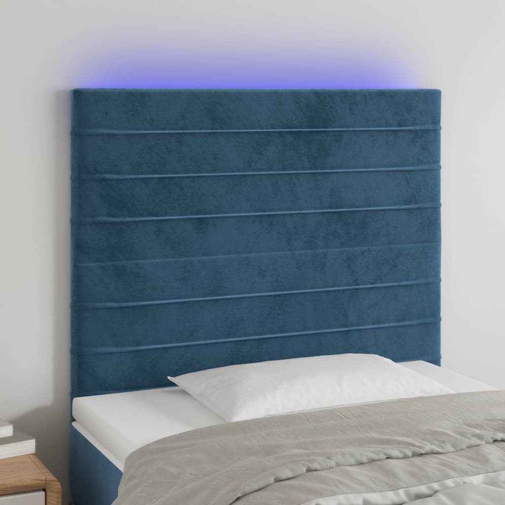 Čelo postele s LED tmavě modré 100x5x118/128 cm samet