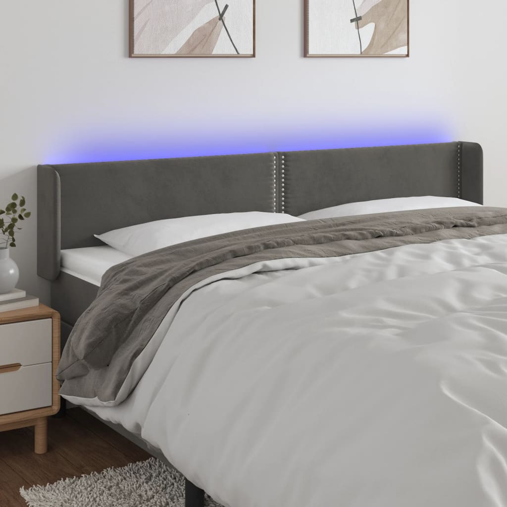 Čelo postele s LED tmavě šedé 183 x 16 x 78/88 cm samet