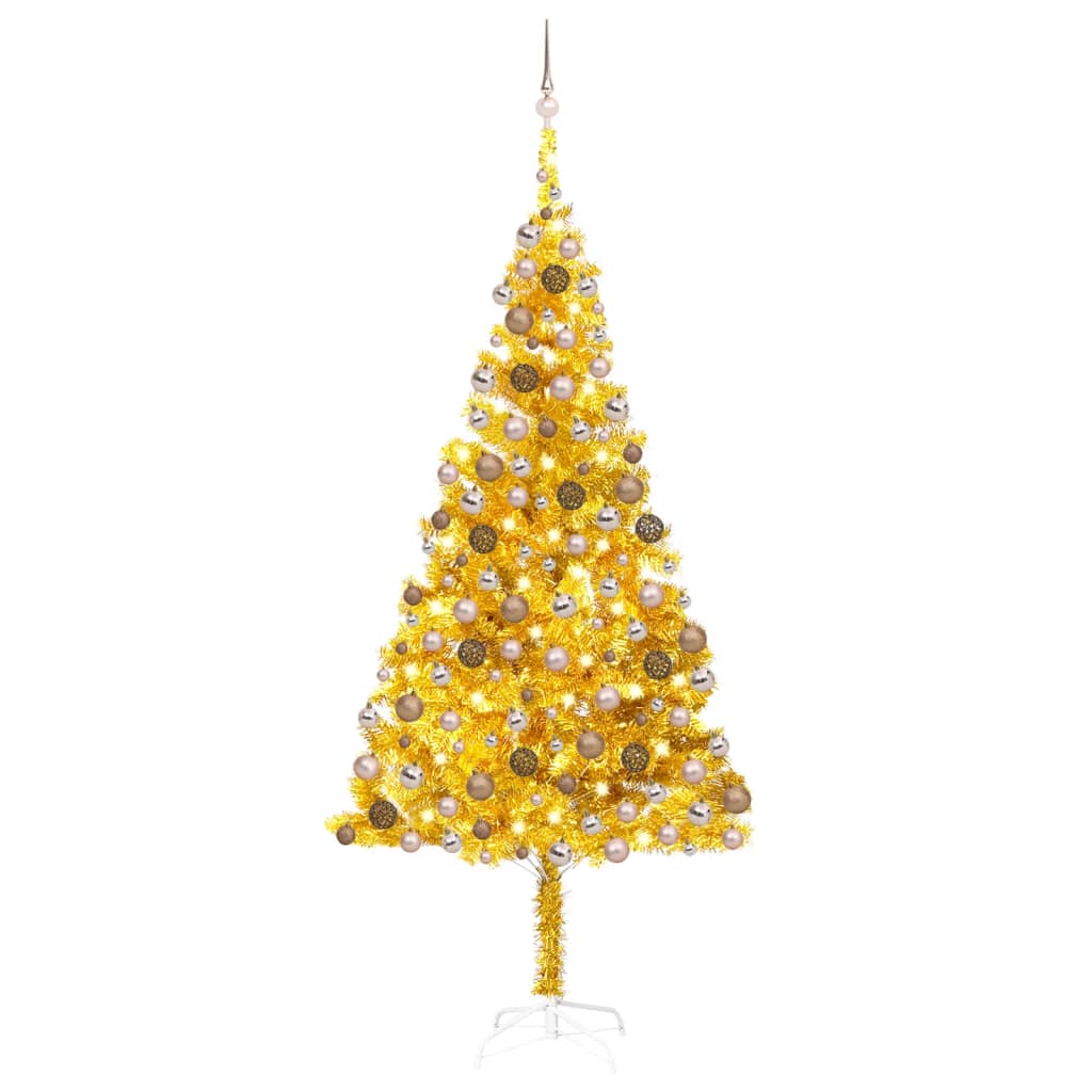 Umělý vánoční stromek s LED a sadou koulí zlatý 240 cm PET