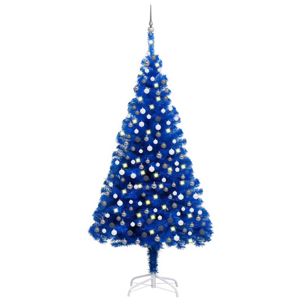 Umělý vánoční stromek s LED a sadou koulí modrý 210 cm PVC