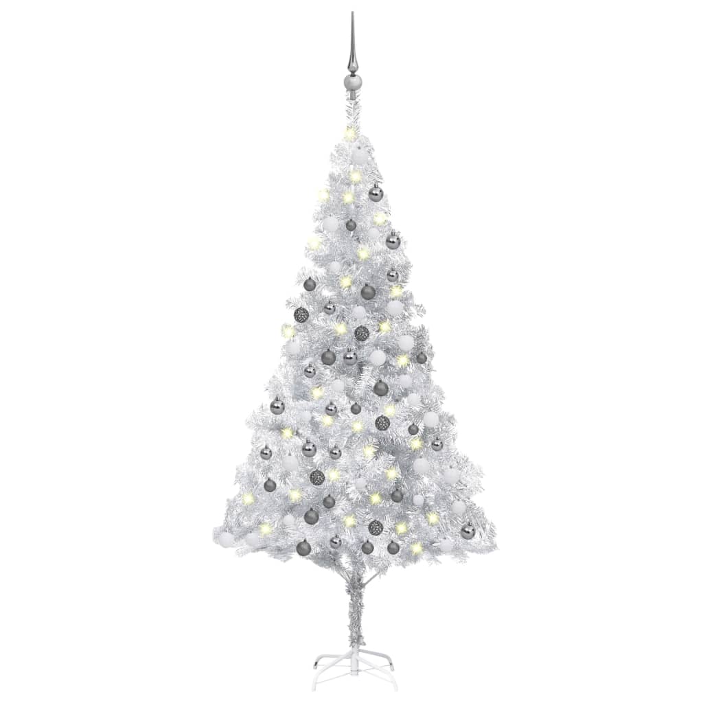 Umělý vánoční stromek s LED a sadou koulí stříbrný 180 cm PET