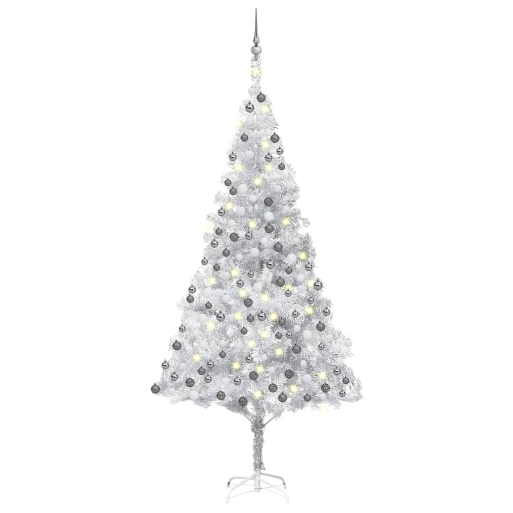 Umělý vánoční stromek s LED a sadou koulí stříbrný 210 cm PET