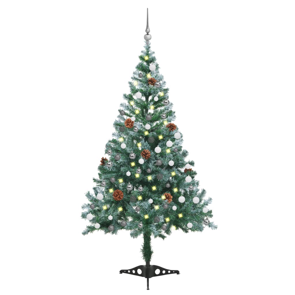 Námrazou pokrytý vánoční stromek LED sada koulí a šišky 150 cm