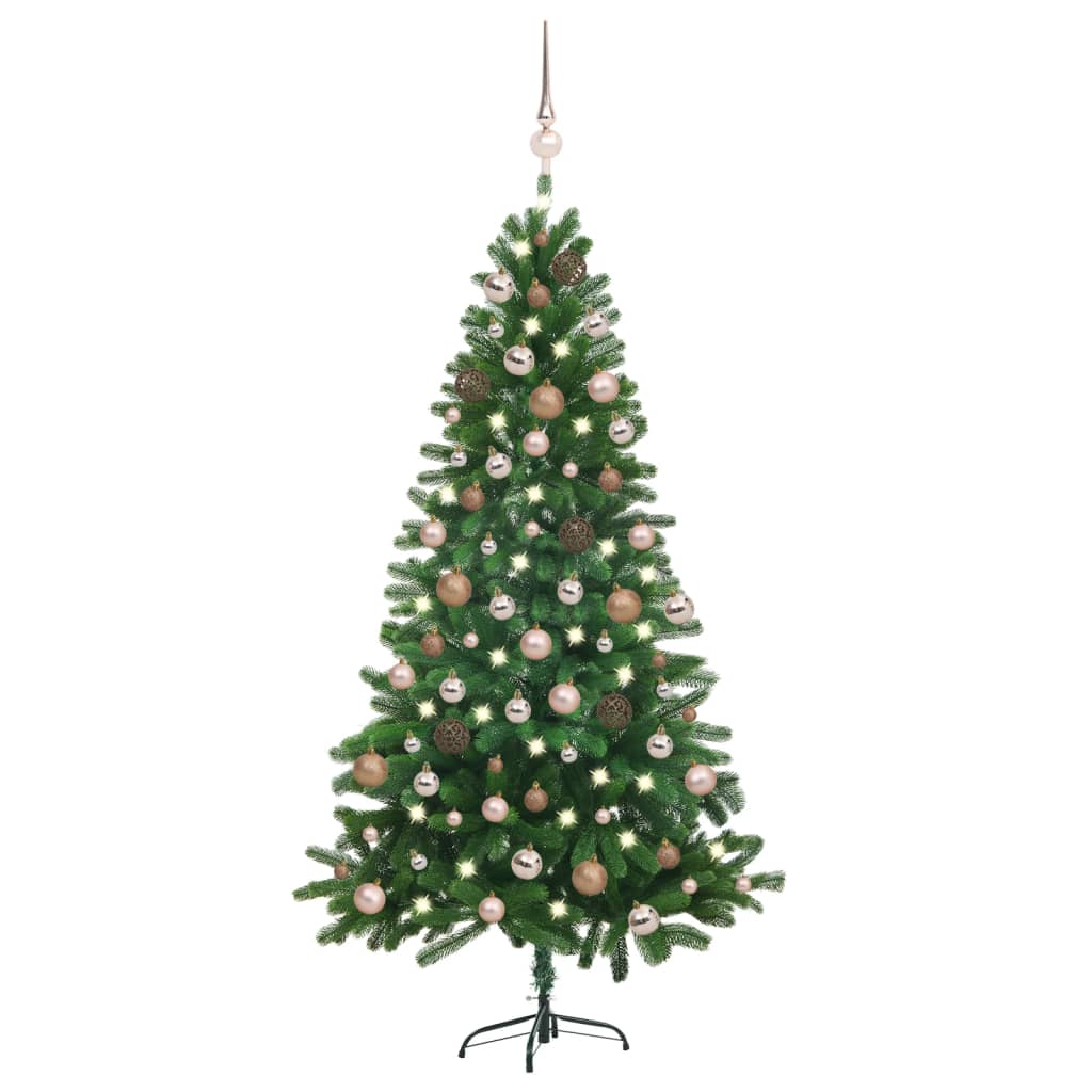 Umělý vánoční stromek s LED a sadou koulí 150 cm zelený