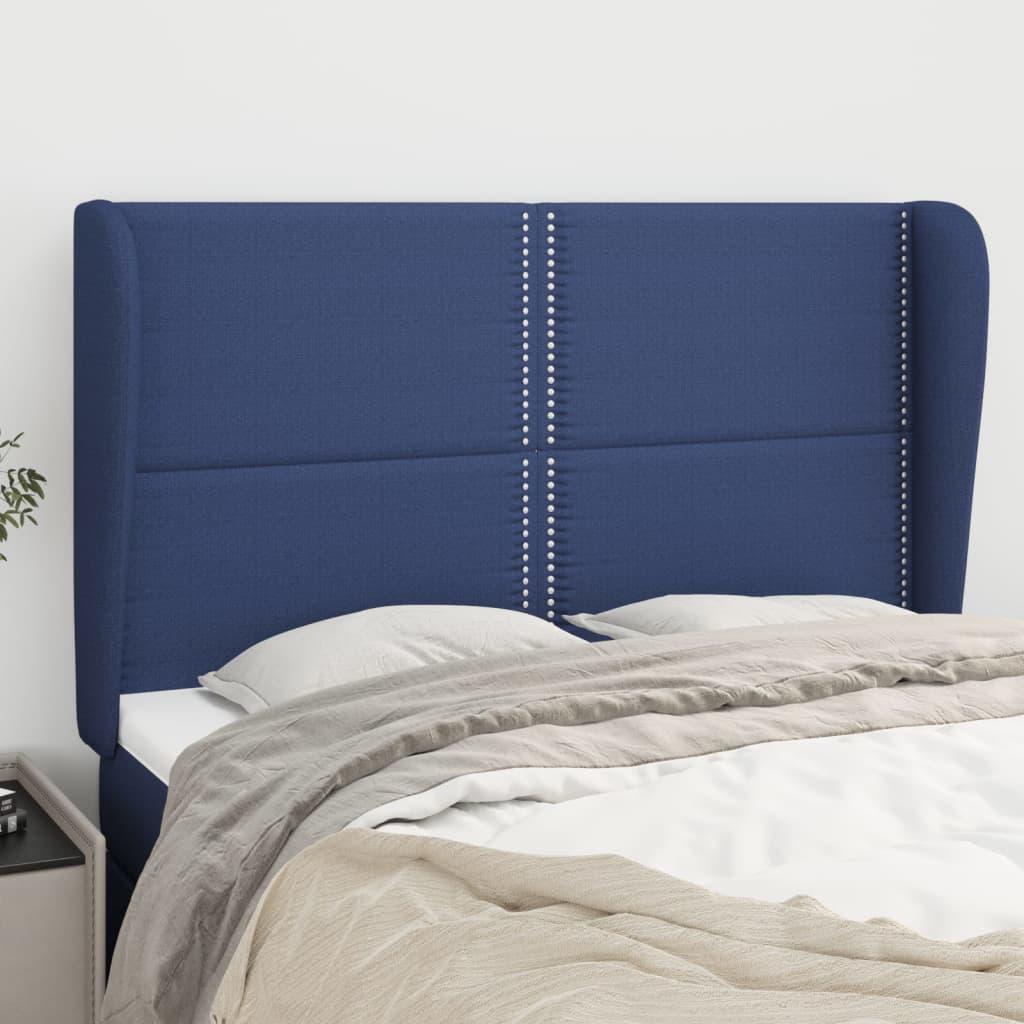 Čelo postele typu ušák modré 147x23x118/128 cm textil