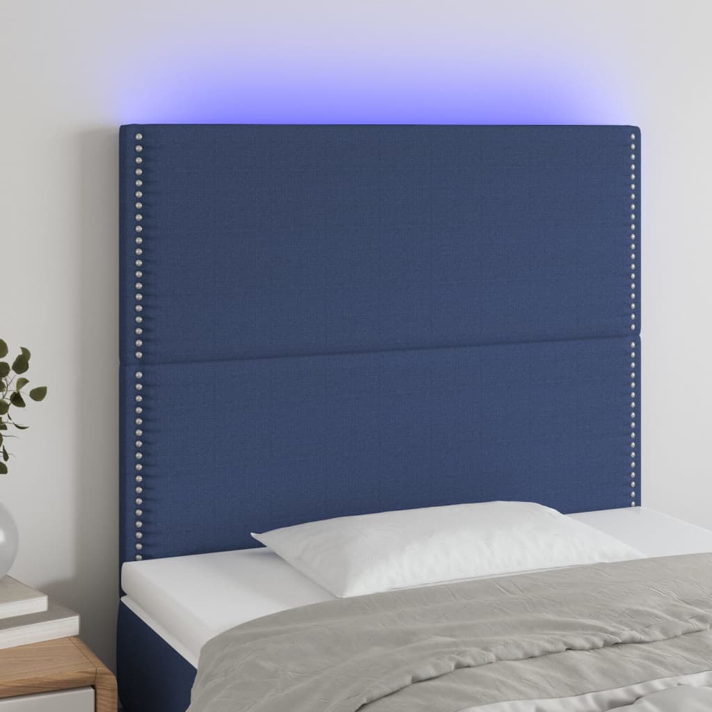 Čelo postele s LED modré 80x5x118/128 cm textil