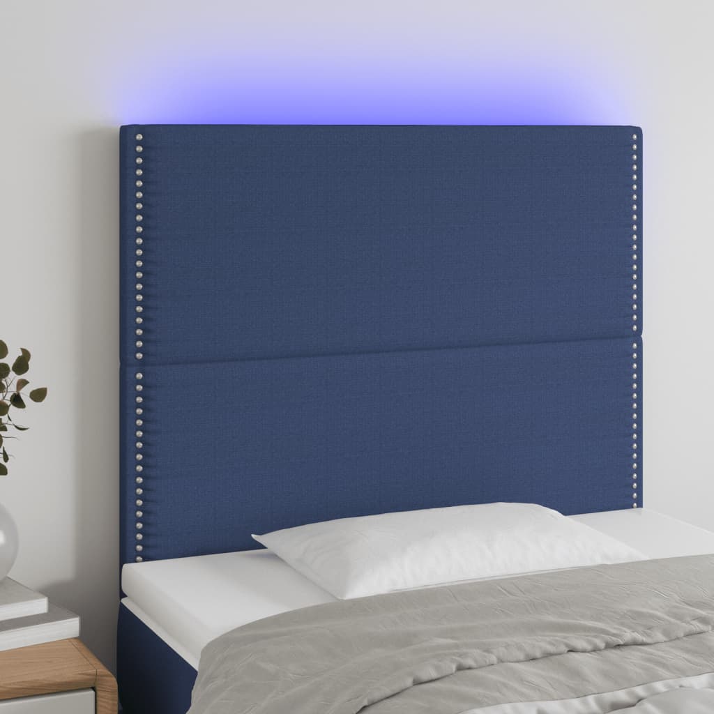 Čelo postele s LED modré 90x5x118/128 cm textil