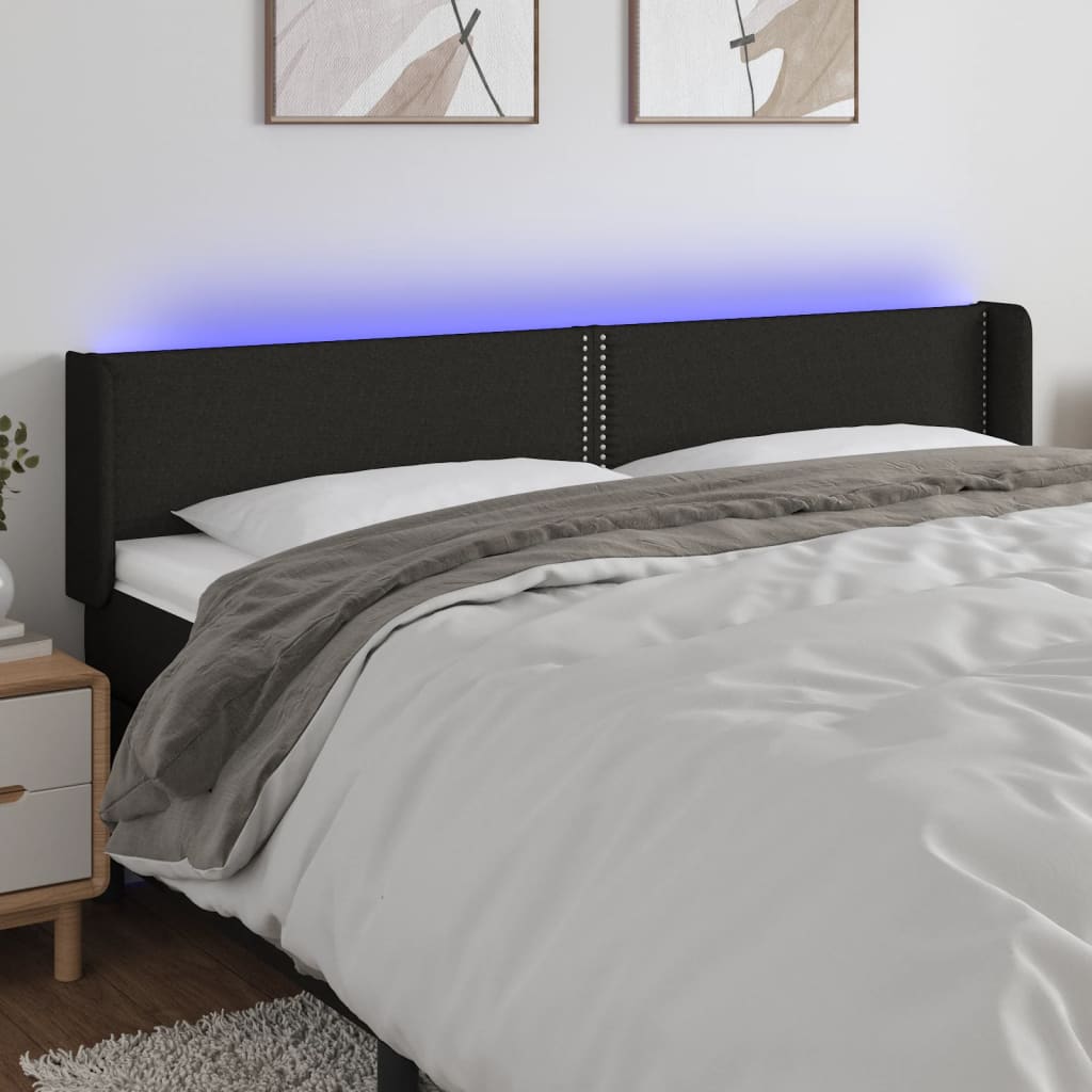 Čelo postele s LED černé 183 x 16 x 78/88 cm textil
