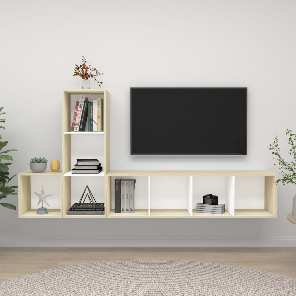 3dílný set TV skříněk bílý a dub sonoma kompozitní dřevo