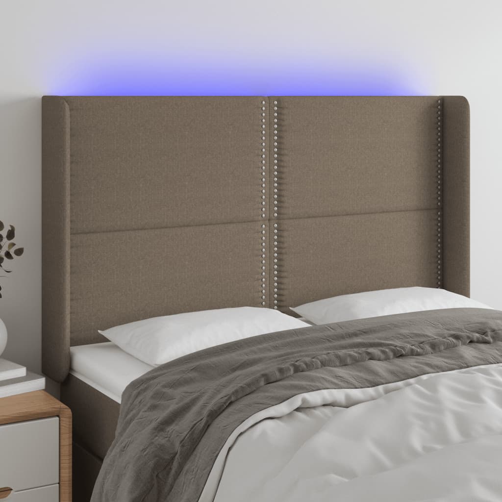 Čelo postele s LED taupe 147 x 16 x 118/128 cm textil