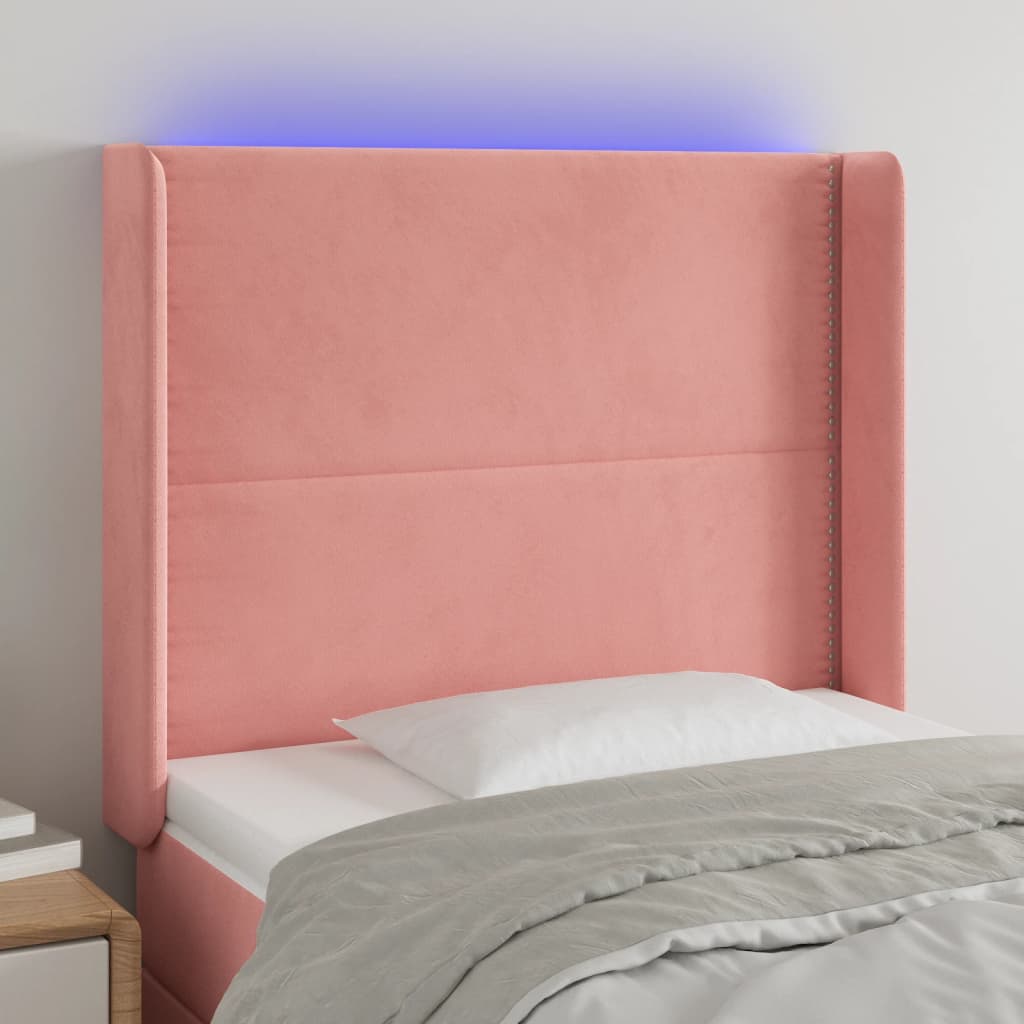 Čelo postele s LED růžové 103 x 16 x 118/128 cm samet