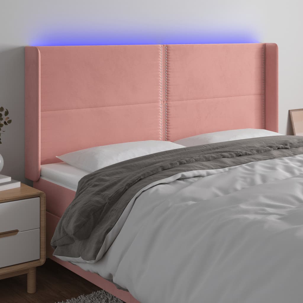 Čelo postele s LED růžové 183 x 16 x 118/128 cm samet