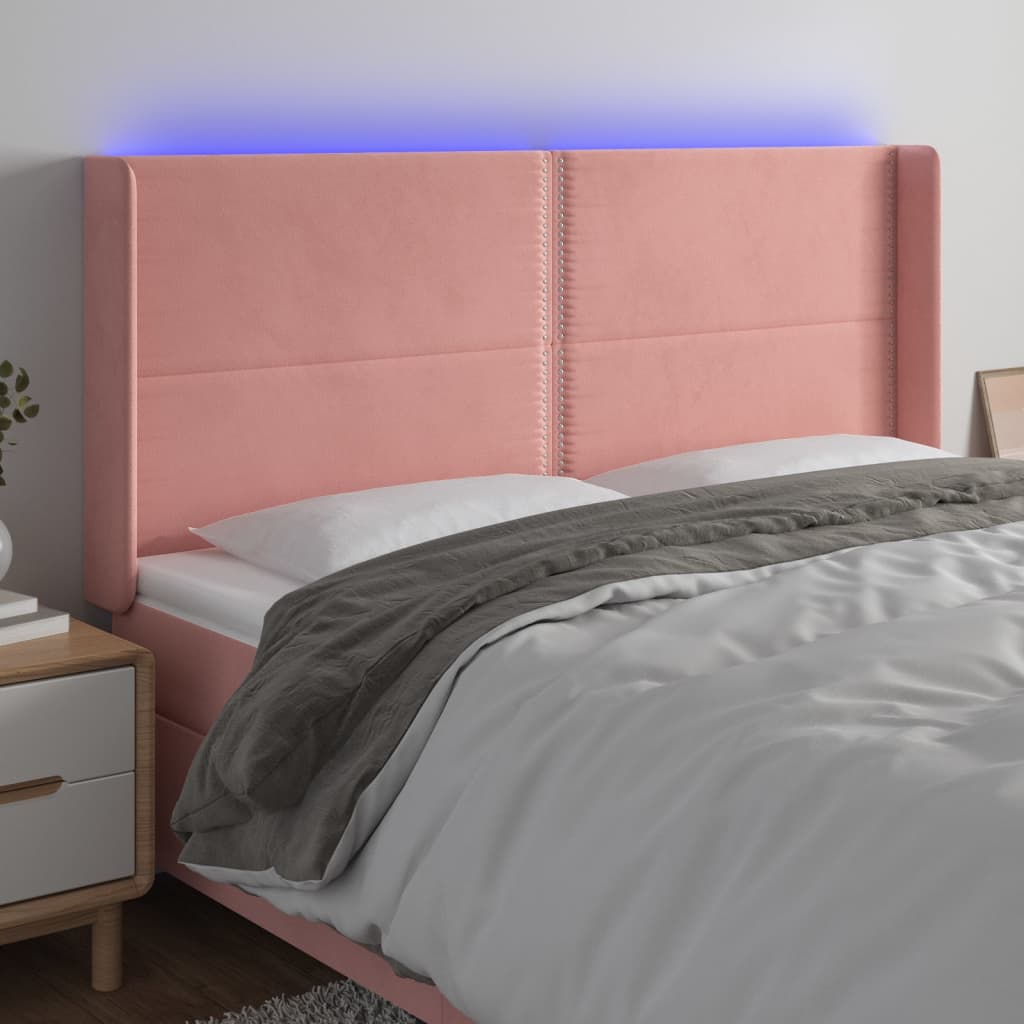 Čelo postele s LED růžové 203 x 16 x 118/128 cm samet