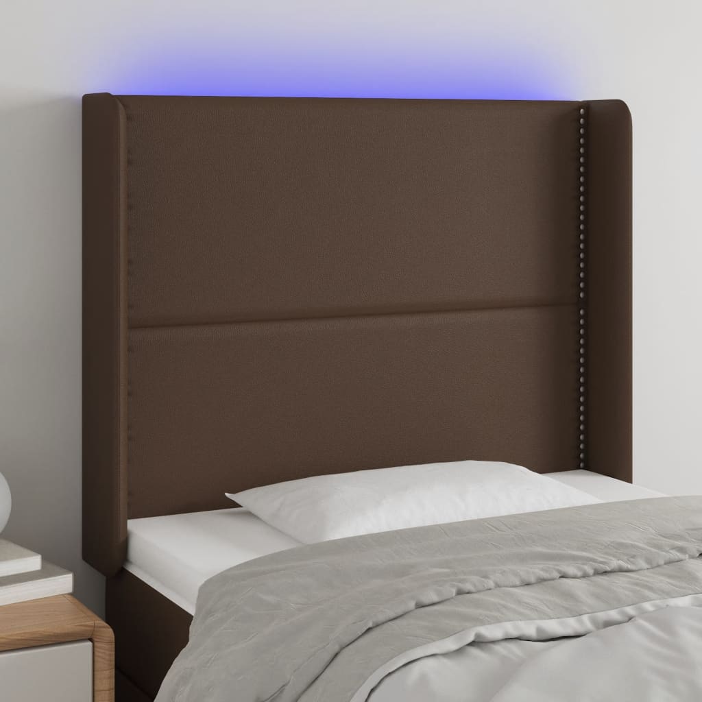 Čelo postele s LED hnědé 93 x 16 x 118/128 cm umělá kůže
