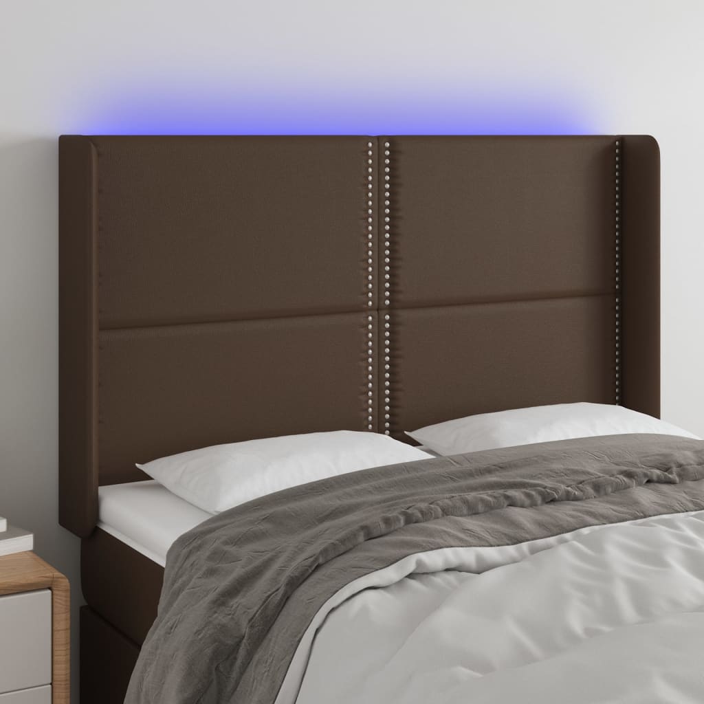 Čelo postele s LED hnědé 147 x 16 x 118/128 cm umělá kůže