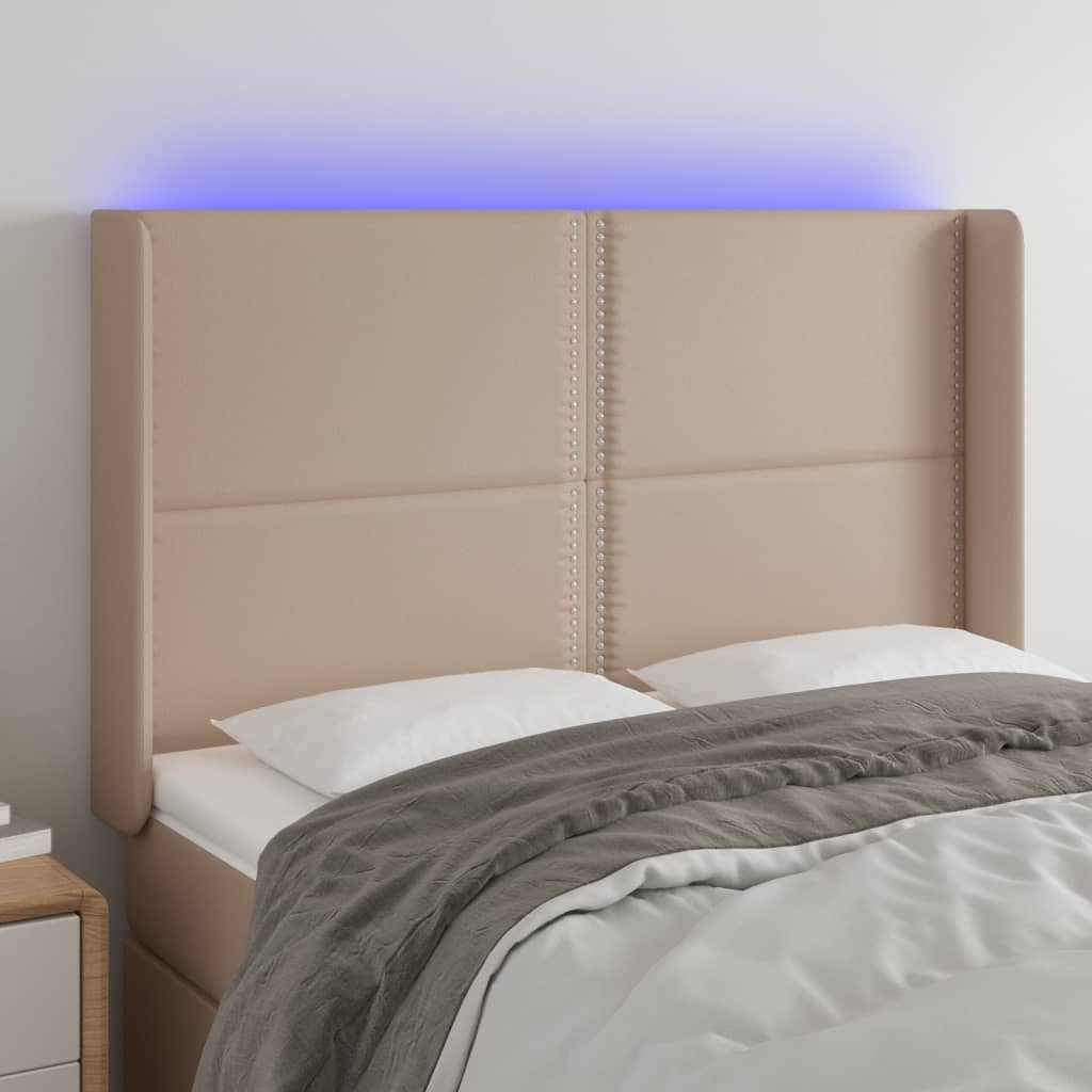 Čelo postele s LED cappuccino 147 x 16 x 118/128 cm umělá kůže