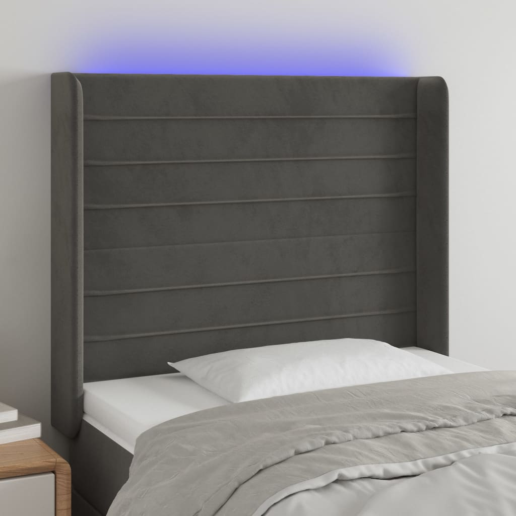 Čelo postele s LED tmavě šedé 93 x 16 x 118/128 cm samet
