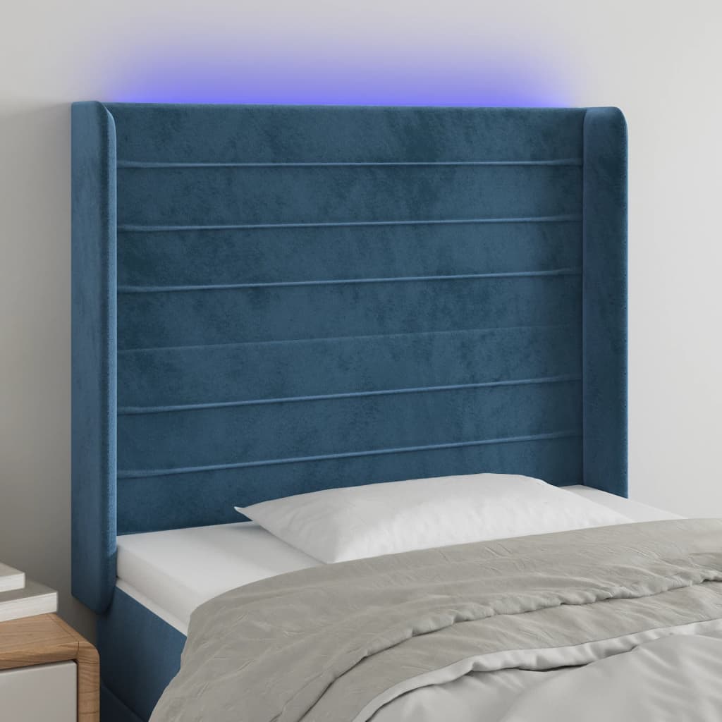 Čelo postele s LED tmavě modré 103 x 16 x 118/128 cm textil